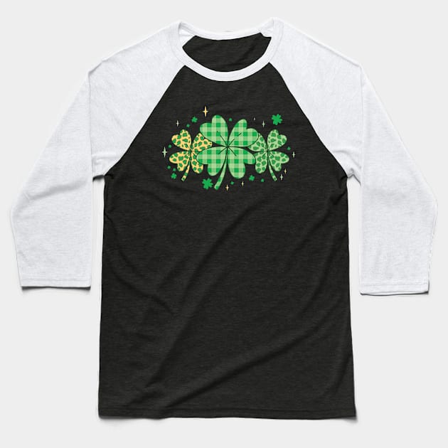 Lucky Leaf Clover Leopard Plaid Baseball T-Shirt by Skinite